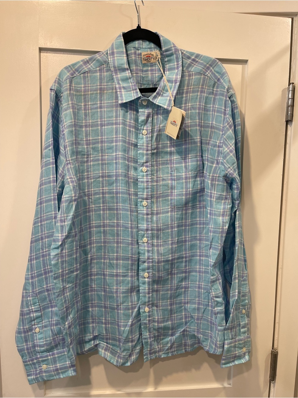 Faherty Light Blue & White Plaid Button-Down Linen Shirt XXL New!